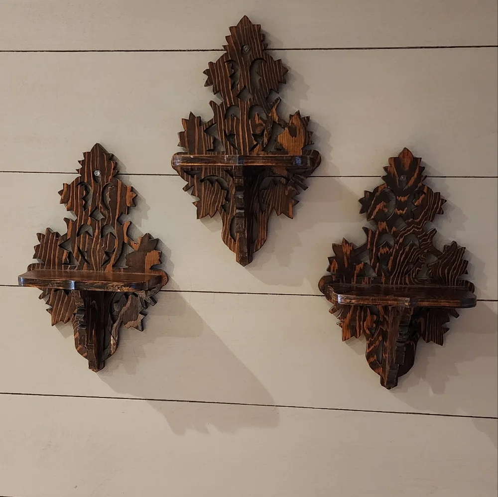 Set of three vintage hobby made plywood ornate scroll fretwork shelves